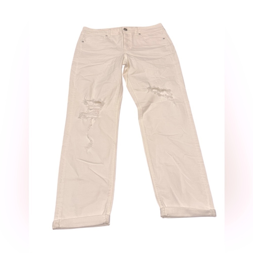 American Eagle Tomgirl White Jeans Distressed Cuff Bottom Size 10L